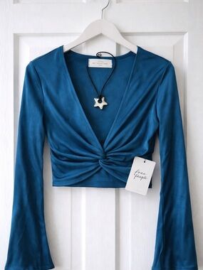 Free People NWT Miraya Twist Front Top Teal Long Sleeve Crop Boho Sexy